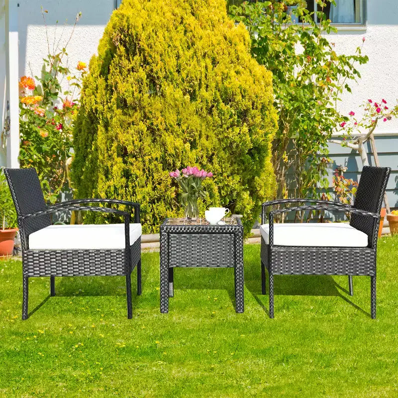 Costway Set Mobili da Giardino in Rattan 3 Pezzi Tavolino Divano con Cuscini