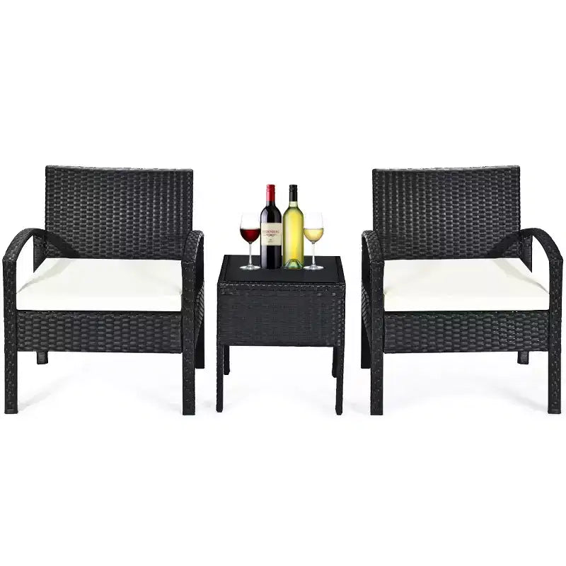 Costway Set Mobili da Giardino in Rattan 3 Pezzi Tavolino Divano con Cuscini