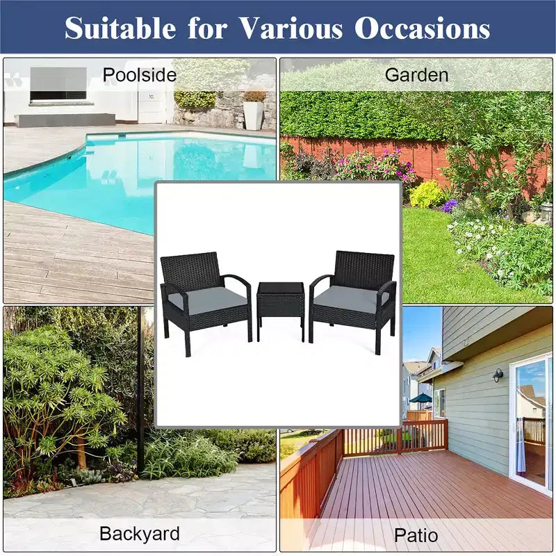 Costway Set Mobili da Giardino in Rattan 3 Pezzi Tavolino Divano con Cuscini