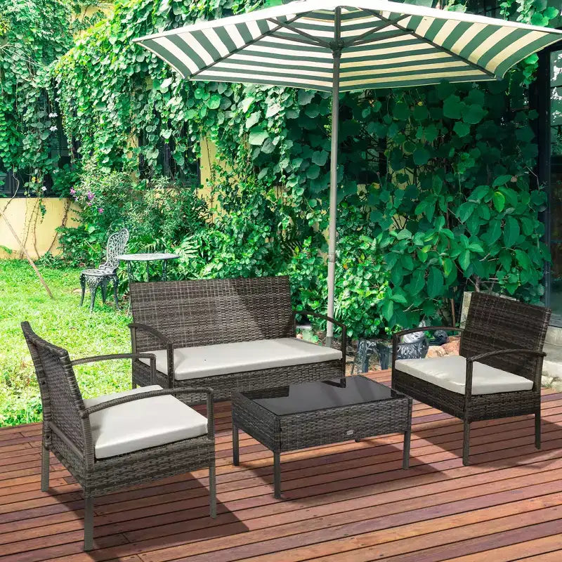 Outsunny Patio Porch Furniture Sets 4-PCS Rattan Wicker Chair w/ Table Conversation Set for Yard,Pool or Backyard Indoor/Outdoor Use