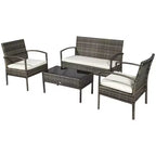 Outsunny Patio Porch Furniture Sets 4-PCS Rattan Wicker Chair w/ Table Conversation Set for Yard,Pool or Backyard Indoor/Outdoor Use