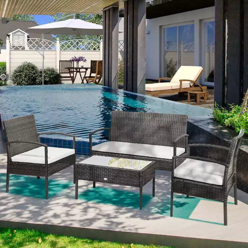 Outsunny Patio Porch Furniture Sets 4-PCS Rattan Wicker Chair w/ Table Conversation Set for Yard,Pool or Backyard Indoor/Outdoor Use