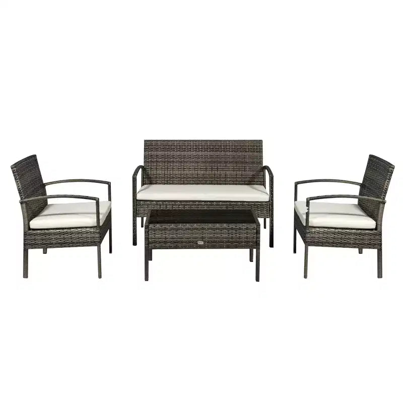 Outsunny Patio Porch Furniture Sets 4-PCS Rattan Wicker Chair w/ Table Conversation Set for Yard,Pool or Backyard Indoor/Outdoor Use