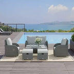 Outsunny Set da 6 Pezzi di Mobili da Giardino per Esterni con Divano in Rattan, Sedia Reclinabile Singola, Set da Conversazione, Pouf, Tavolino e Cuscini, Grigio