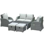 Outsunny Set da 6 Pezzi di Mobili da Giardino per Esterni con Divano in Rattan, Sedia Reclinabile Singola, Set da Conversazione, Pouf, Tavolino e Cuscini, Grigio
