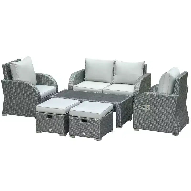 Outsunny Set da 6 Pezzi di Mobili da Giardino per Esterni con Divano in Rattan, Sedia Reclinabile Singola, Set da Conversazione, Pouf, Tavolino e Cuscini, Grigio