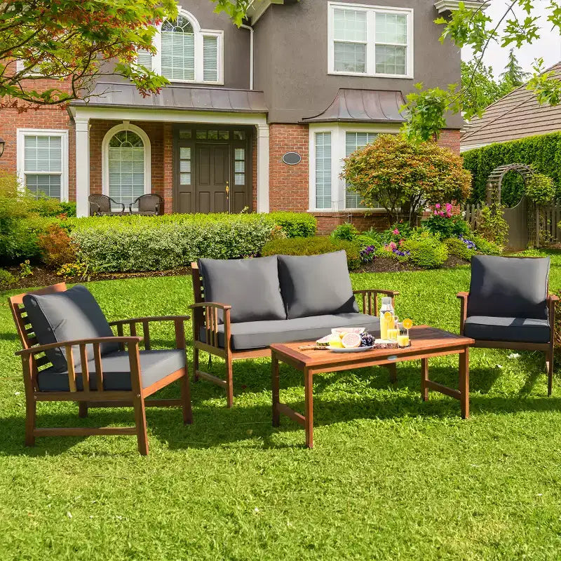 Costway Set Mobili da Giardino in Legno 4 Pezzi Tavolo Divano Sedia con Cuscini NUOVO