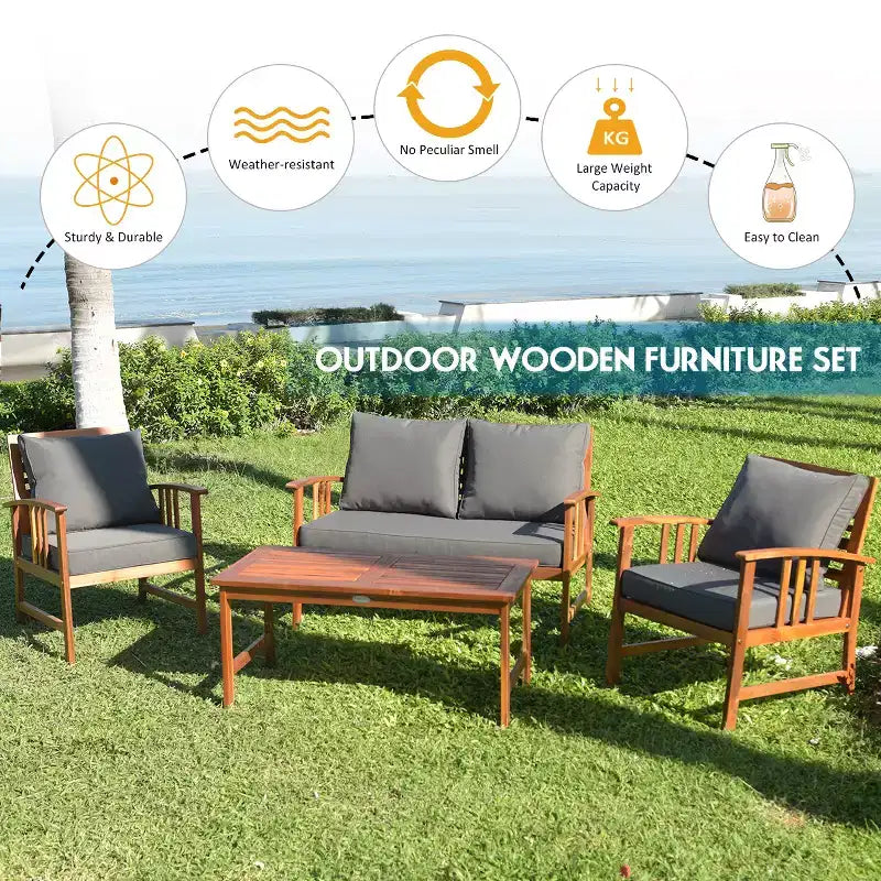 Costway Set Mobili da Giardino in Legno 4 Pezzi Tavolo Divano Sedia con Cuscini NUOVO