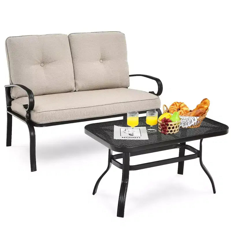 Costway Set Mobili da Giardino 2 Pezzi Panchina Tavolo Divanetto con Cuscini
