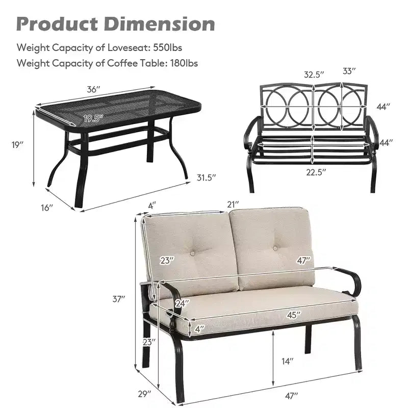 Costway Set Mobili da Giardino 2 Pezzi Panchina Tavolo Divanetto con Cuscini