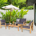 Set di mobili da giardino Costway 8 pz in legno di acacia con cuscini spessi, divano a due posti, bianco sporco/turchese/grigio