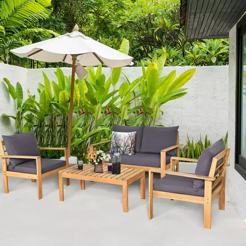 Set di mobili da giardino Costway 8 pz in legno di acacia con cuscini spessi, divano a due posti, bianco sporco/turchese/grigio