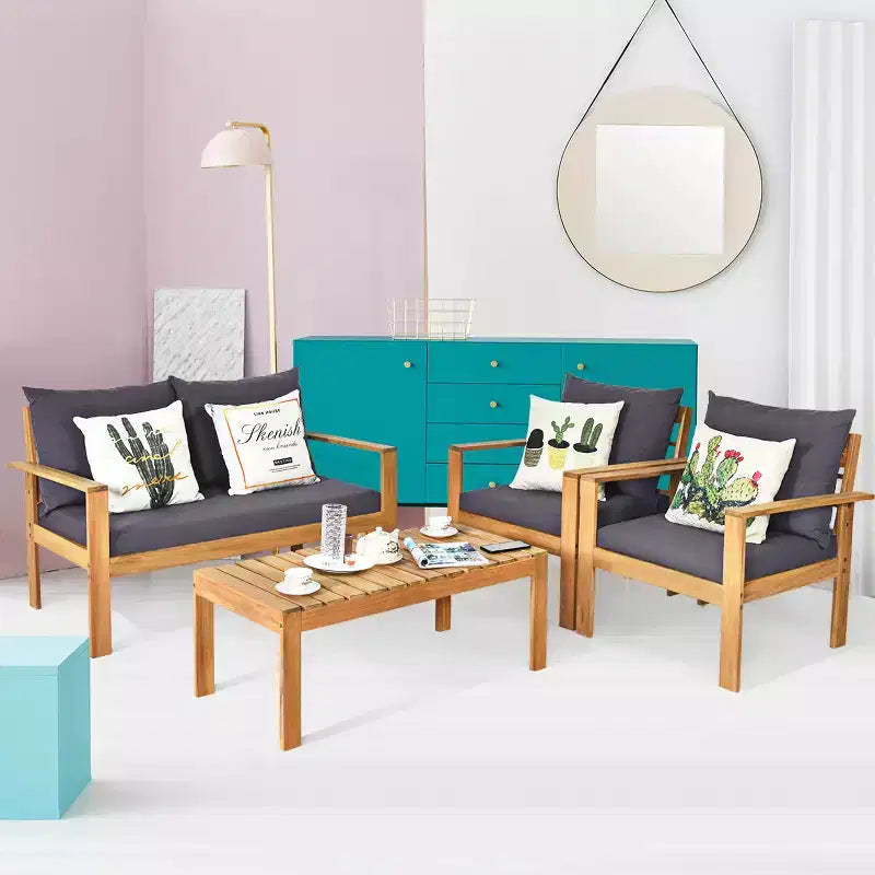 Set di mobili da giardino Costway 8 pz in legno di acacia con cuscini spessi, divano a due posti, bianco sporco/turchese/grigio