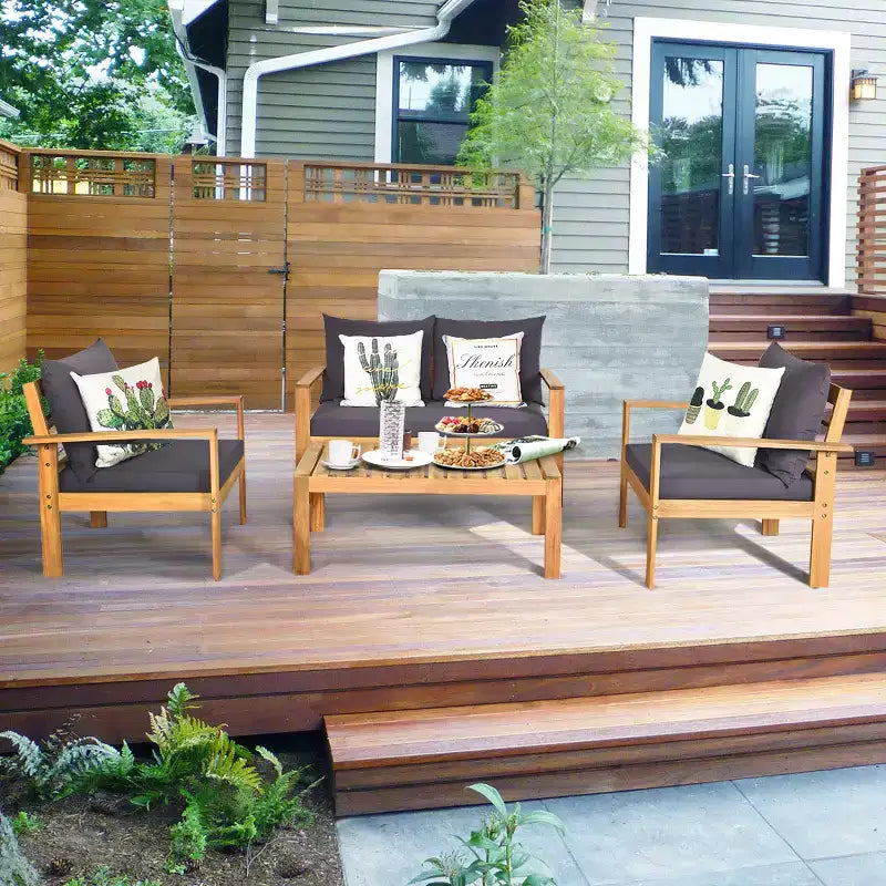 Set di mobili da giardino Costway 8 pz in legno di acacia con cuscini spessi, divano a due posti, bianco sporco/turchese/grigio