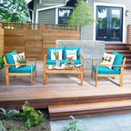 Set di mobili da giardino Costway 8 pz in legno di acacia con cuscini spessi, divano a due posti, bianco sporco/turchese/grigio