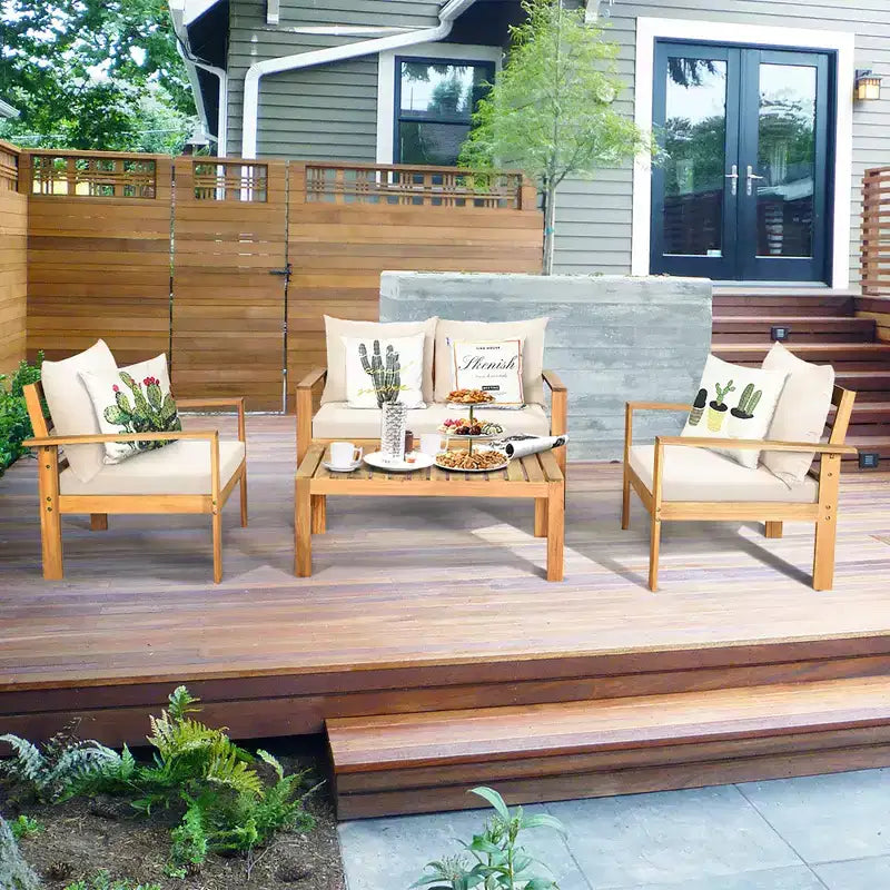 Set di mobili da giardino Costway 8 pz in legno di acacia con cuscini spessi, divano a due posti, bianco sporco/turchese/grigio