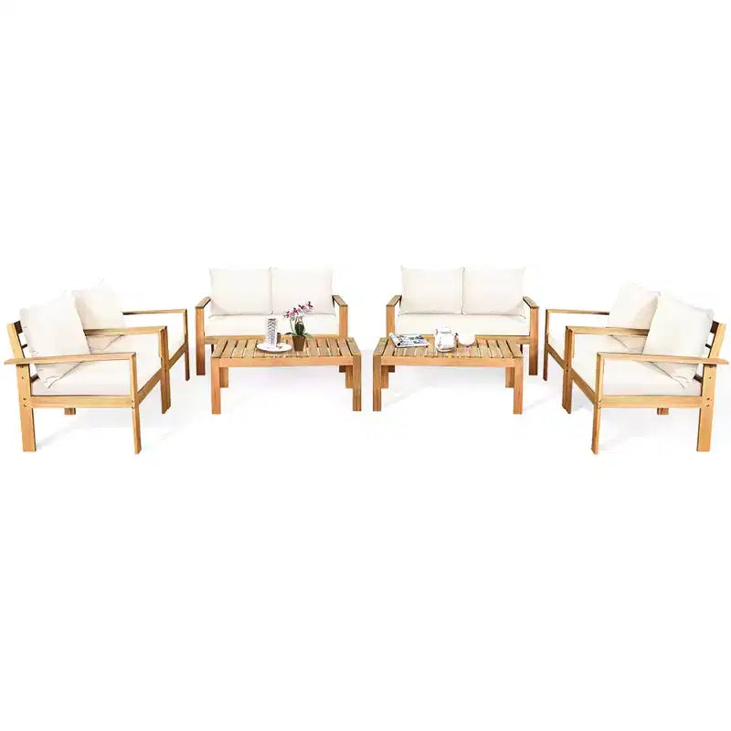 Set di mobili da giardino Costway 8 pz in legno di acacia con cuscini spessi, divano a due posti, bianco sporco/turchese/grigio