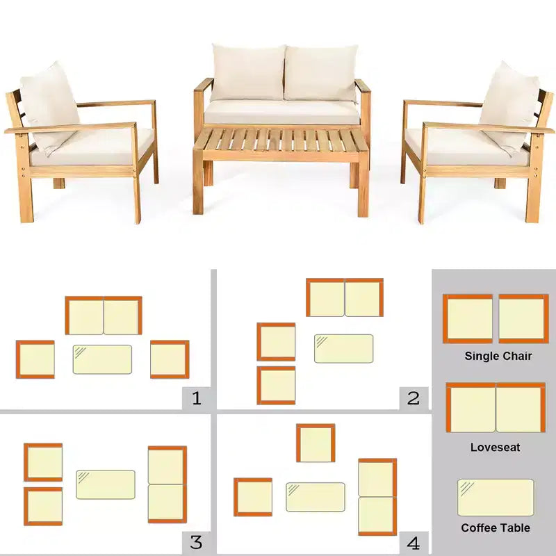 Set di mobili da giardino Costway 8 pz in legno di acacia con cuscini spessi, divano a due posti, bianco sporco/turchese/grigio