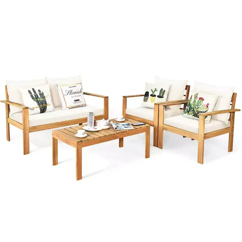Set di mobili da giardino Costway 8 pz in legno di acacia con cuscini spessi, divano a due posti, bianco sporco/turchese/grigio