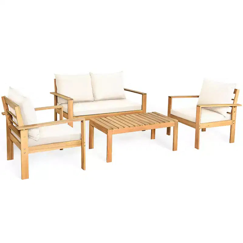 Set di mobili da giardino Costway 8 pz in legno di acacia con cuscini spessi, divano a due posti, bianco sporco/turchese/grigio