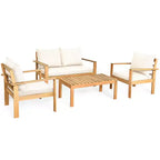 Set di mobili da giardino Costway 8 pz in legno di acacia con cuscini spessi, divano a due posti, bianco sporco/turchese/grigio