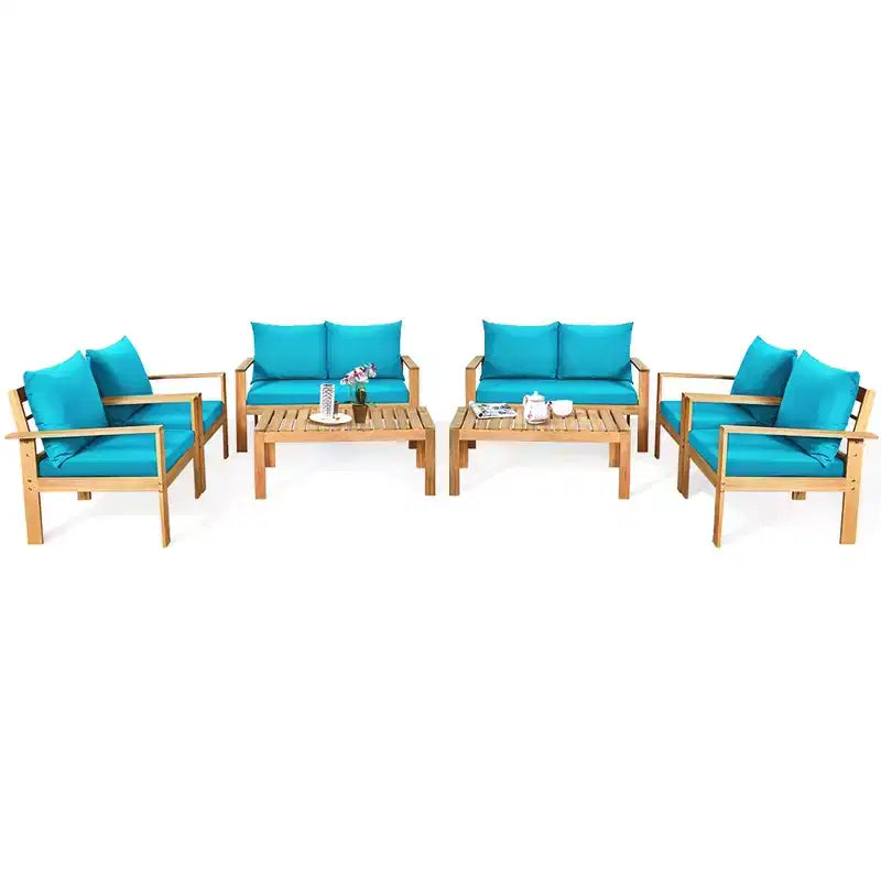 Set di mobili da giardino Costway 8 pz in legno di acacia con cuscini spessi, divano a due posti, bianco sporco/turchese/grigio
