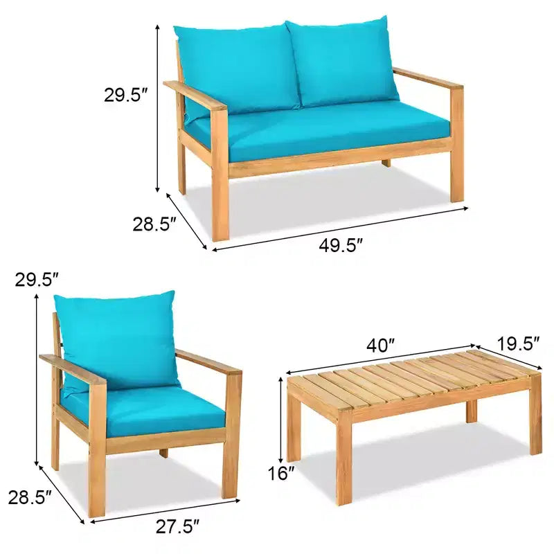 Set di mobili da giardino Costway 8 pz in legno di acacia con cuscini spessi, divano a due posti, bianco sporco/turchese/grigio