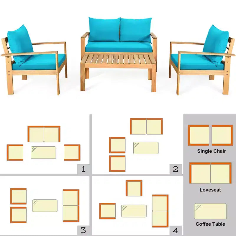 Set di mobili da giardino Costway 8 pz in legno di acacia con cuscini spessi, divano a due posti, bianco sporco/turchese/grigio