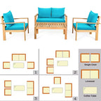 Set di mobili da giardino Costway 8 pz in legno di acacia con cuscini spessi, divano a due posti, bianco sporco/turchese/grigio