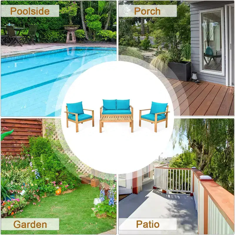 Set di mobili da giardino Costway 8 pz in legno di acacia con cuscini spessi, divano a due posti, bianco sporco/turchese/grigio