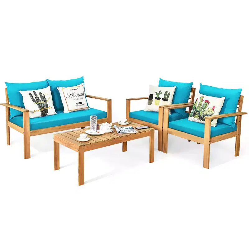 Set di mobili da giardino Costway 8 pz in legno di acacia con cuscini spessi, divano a due posti, bianco sporco/turchese/grigio