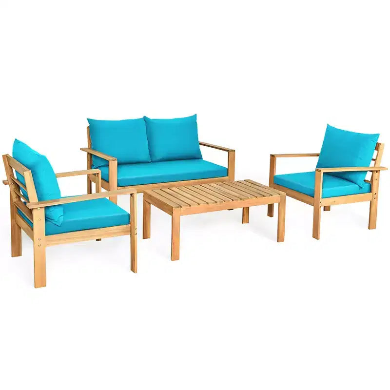Set di mobili da giardino Costway 8 pz in legno di acacia con cuscini spessi, divano a due posti, bianco sporco/turchese/grigio