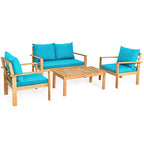 Set di mobili da giardino Costway 8 pz in legno di acacia con cuscini spessi, divano a due posti, bianco sporco/turchese/grigio