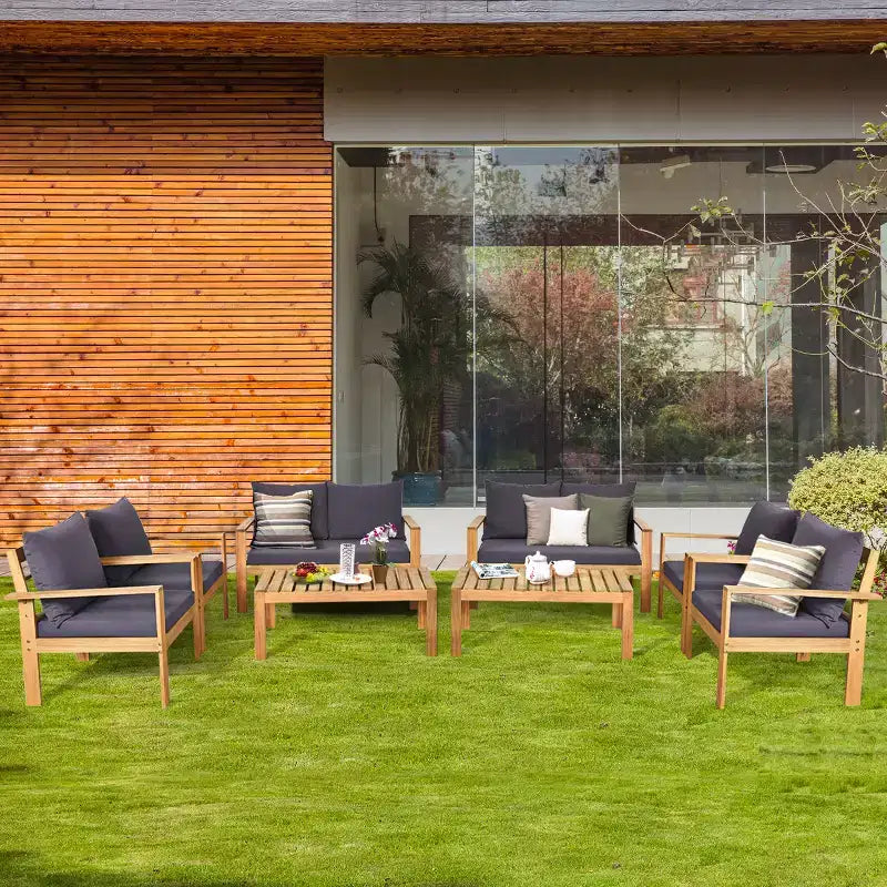 Set di mobili da giardino Costway 8 pz in legno di acacia con cuscini spessi, divano a due posti, bianco sporco/turchese/grigio