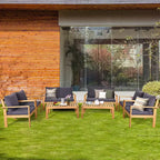 Set di mobili da giardino Costway 8 pz in legno di acacia con cuscini spessi, divano a due posti, bianco sporco/turchese/grigio