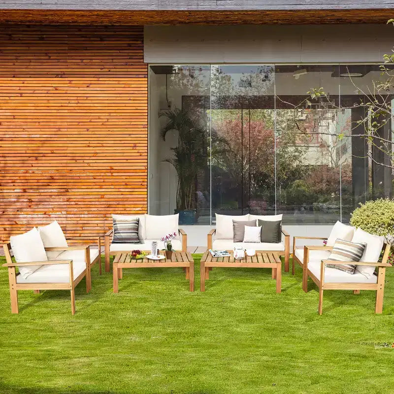 Set di mobili da giardino Costway 8 pz in legno di acacia con cuscini spessi, divano a due posti, bianco sporco/turchese/grigio