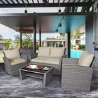 Costway Set Mobili da Giardino in Rattan 4 Pezzi con Divano Tavolo Scaffale Contenitore Cuscini