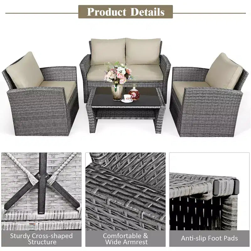 Costway Set Mobili da Giardino in Rattan 4 Pezzi con Divano Tavolo Scaffale Contenitore Cuscini