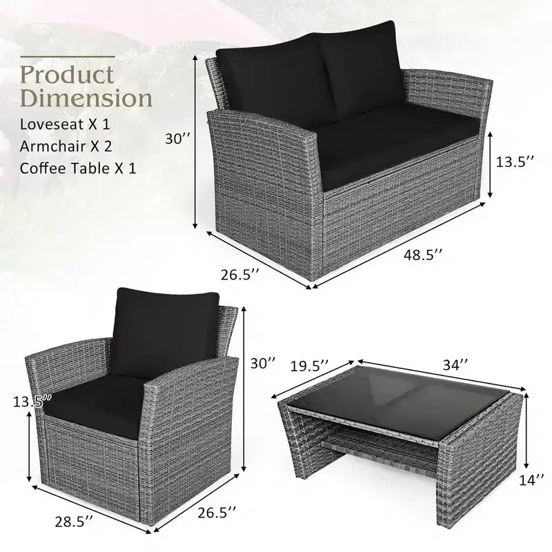 Costway Set Mobili da Giardino in Rattan 4 Pezzi con Divano Tavolo Scaffale Contenitore Cuscini