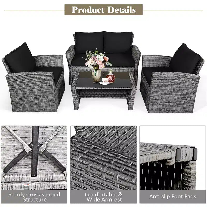 Costway Set Mobili da Giardino in Rattan 4 Pezzi con Divano Tavolo Scaffale Contenitore Cuscini