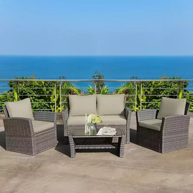 Costway Set Mobili da Giardino in Rattan 4 Pezzi con Divano Tavolo Scaffale Contenitore Cuscini
