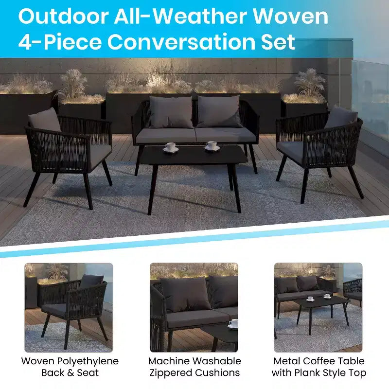 Flash Furniture Kierra Set 4 Pezzi da Conversazione Nero per Ogni Stagione con Cuscini Grigi Sfoderabili e Tavolino da Caffè in Metallo