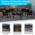 Flash Furniture Kierra Set 4 Pezzi da Conversazione Nero per Ogni Stagione con Cuscini Grigi Sfoderabili e Tavolino da Caffè in Metallo