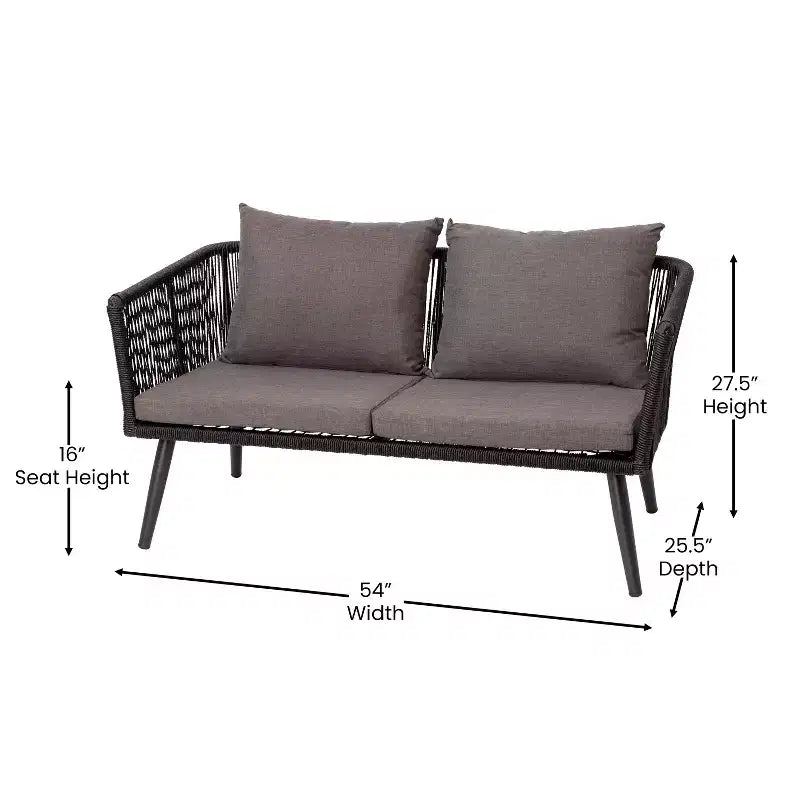 Flash Furniture Kierra Set 4 Pezzi da Conversazione Nero per Ogni Stagione con Cuscini Grigi Sfoderabili e Tavolino da Caffè in Metallo