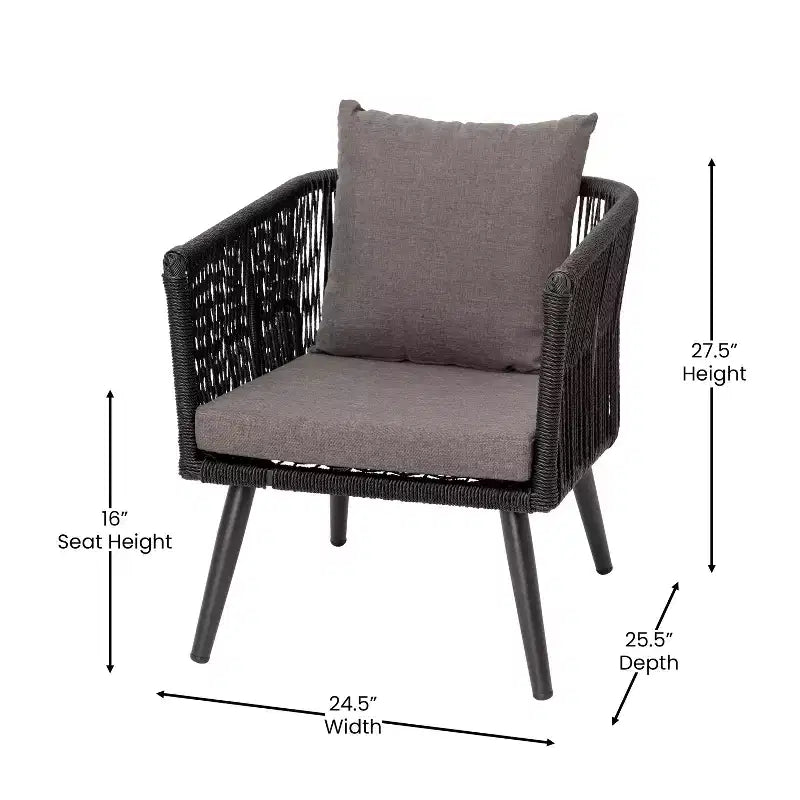 Flash Furniture Kierra Set 4 Pezzi da Conversazione Nero per Ogni Stagione con Cuscini Grigi Sfoderabili e Tavolino da Caffè in Metallo