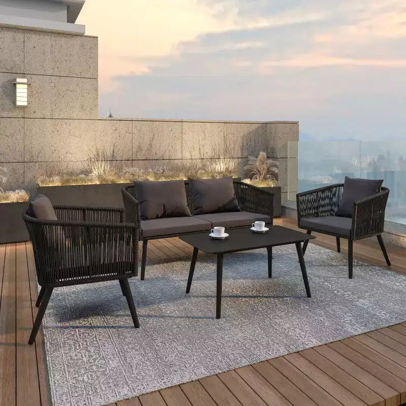 Flash Furniture Kierra Set 4 Pezzi da Conversazione Nero per Ogni Stagione con Cuscini Grigi Sfoderabili e Tavolino da Caffè in Metallo