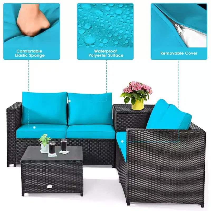 Costway Set Mobili da Esterno in Rattan 8 Pezzi con Divanetto Imbottito e Tavolino Contenitore, Rosso/Blu Marino