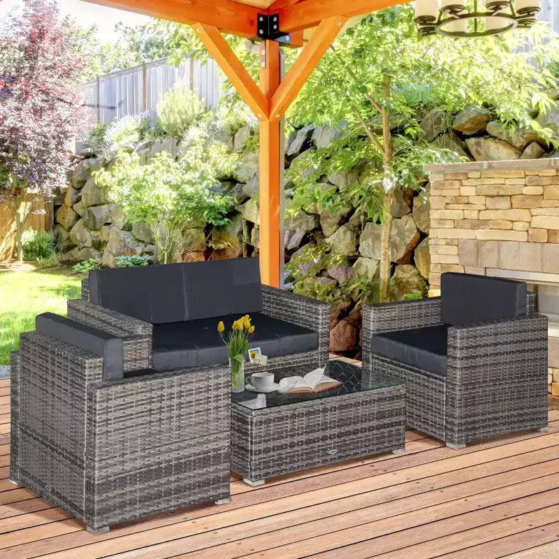 Outsunny Set Mobili da Giardino in Rattan Sintetico 4 Pezzi, Salottino da Esterno con 2 Poltrone, Divanetto a 2 Posti e Tavolino da Caffè con Piano in Vetro