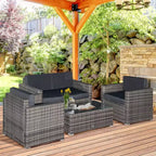 Outsunny Set Mobili da Giardino in Rattan Sintetico 4 Pezzi, Salottino da Esterno con 2 Poltrone, Divanetto a 2 Posti e Tavolino da Caffè con Piano in Vetro