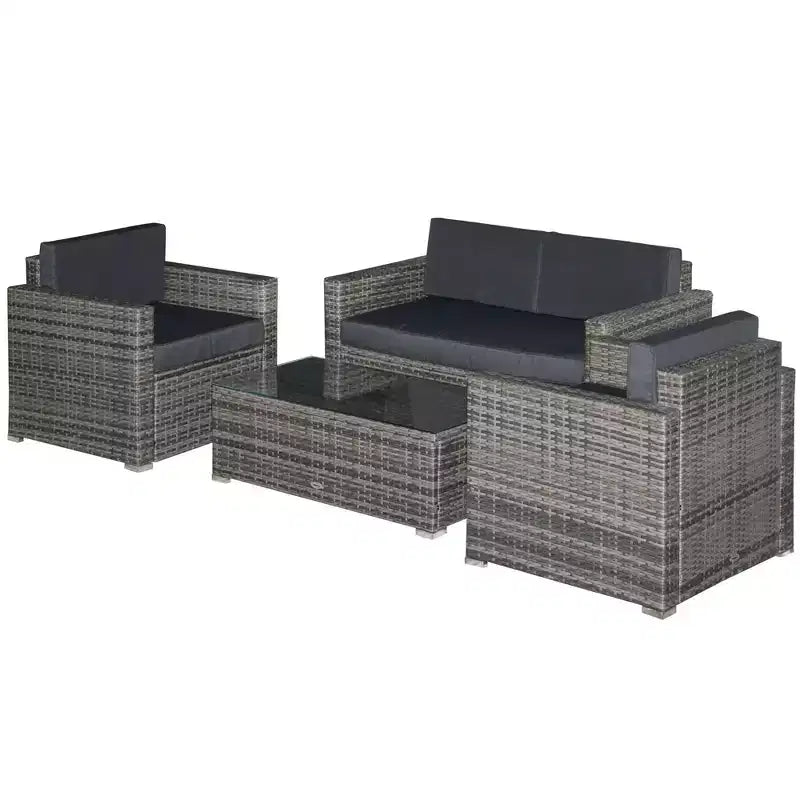 Outsunny Set Mobili da Giardino in Rattan Sintetico 4 Pezzi, Salottino da Esterno con 2 Poltrone, Divanetto a 2 Posti e Tavolino da Caffè con Piano in Vetro